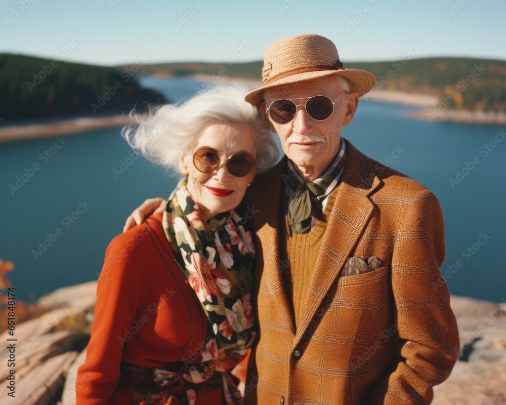 On a beautiful autumn day, a fashionable woman and man stand smiling in the outdoors, wearing sunglasses, a scarf, a hat, and a jacket, as they pose for a picture with the majestic lake, sky, mountai