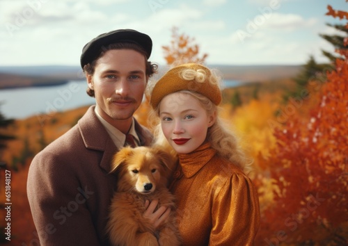 A beautiful autumn portrait of a smiling woman and man, posing outdoors in nature with their brown dog and stylish clothing, captures the joy and spirit of the season beneath a bright sky
