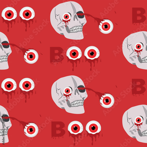 Seamless Halloween pattern with skull. Boo red background. Vector illustration