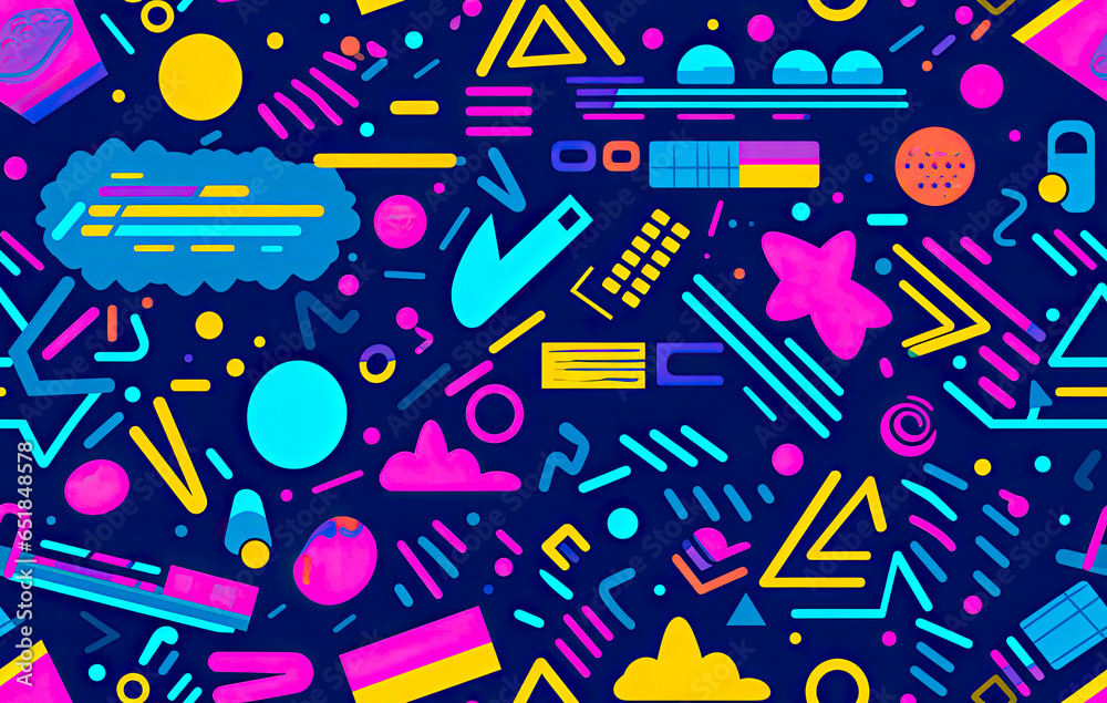 Colorful 90s seamless art collage with bold abstract shapes and colors. For wall art, covers, interior decoration, and backgrounds. Repeatable or tiled texture. Colorful 90s seamless art collage with bold abstract shapes and colors. For wall art, covers, interior decoration, and backgrounds. Repeatable or tiled texture.