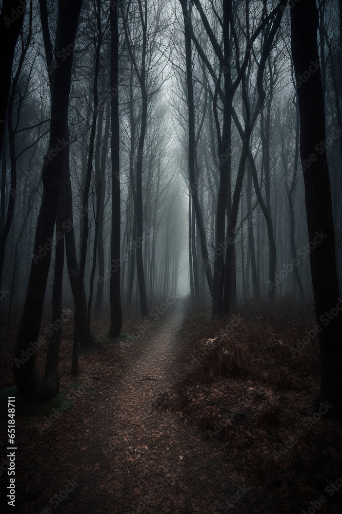 Dark foggy forest generative AI