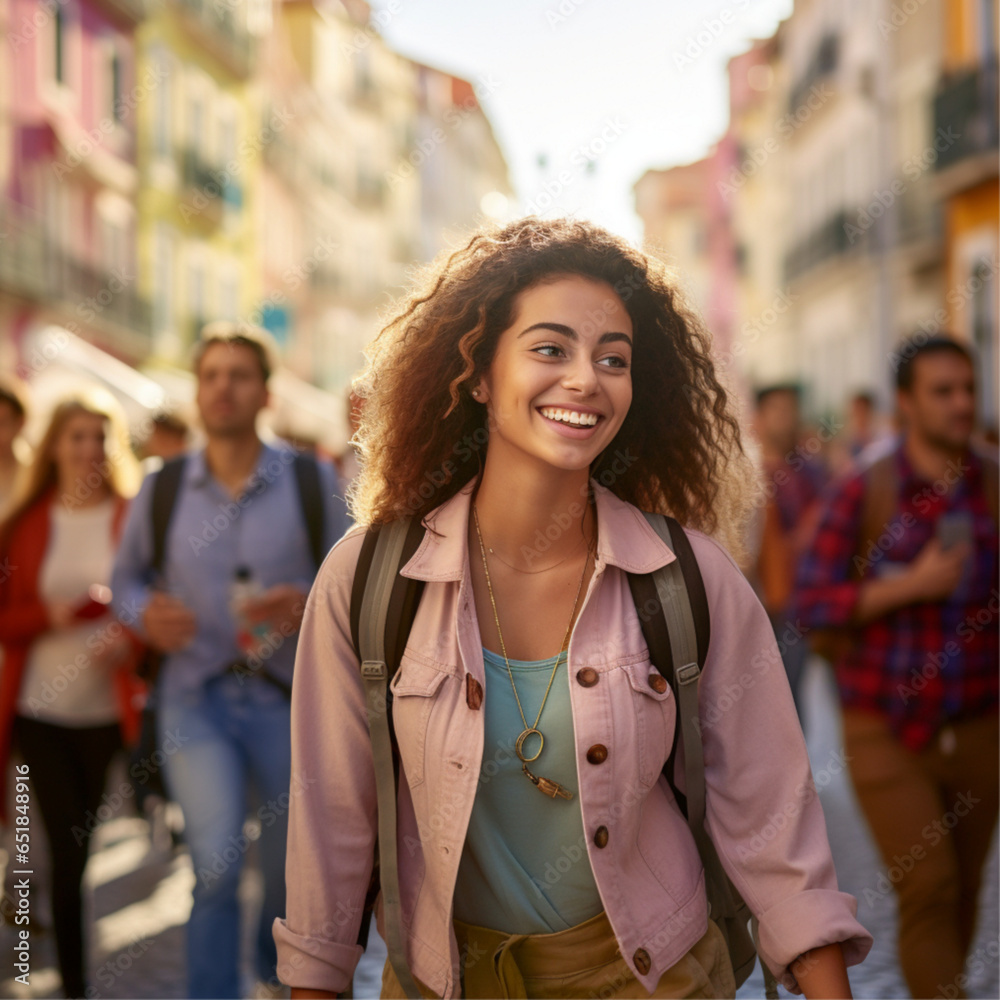 Image of a young, smiling woman walking down a busy street 