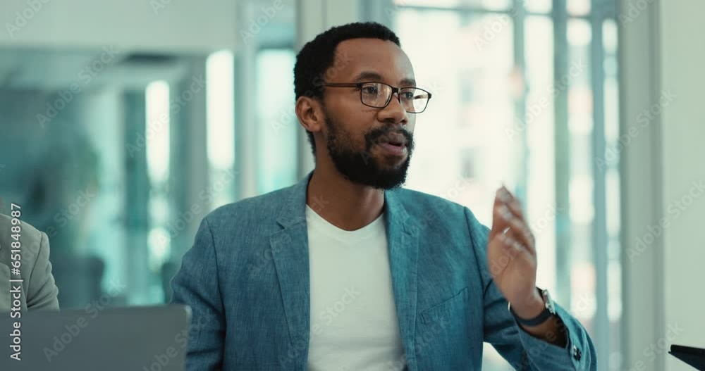Business meeting, collaboration and black man discussion, conversation and explain client proposal, idea or development. Planning, strategy and African designer talking, negotiation or report plan