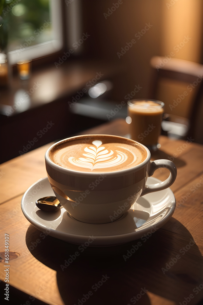 Latte art coffee in ceramic mug. Top view on table in warm light.AI Image Generation Latte art coffee in ceramic mug. Top view on table in warm light.AI Image Generation