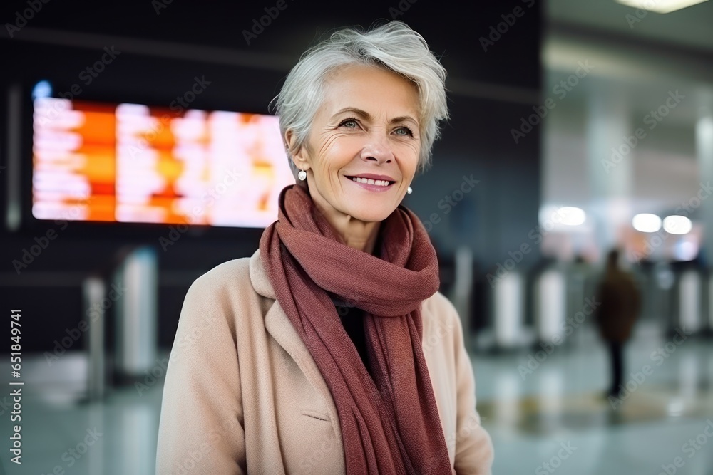 Portrait photo of a smiling woman in her 50s wearing a chic cardigan in front of a noisy airport terminal with check-in terminals in the background. Format photo 3:2 Portrait photo of a smiling woman in her 50s wearing a chic cardigan in front of a noisy airport terminal with check-in terminals in the background. Format photo 3:2