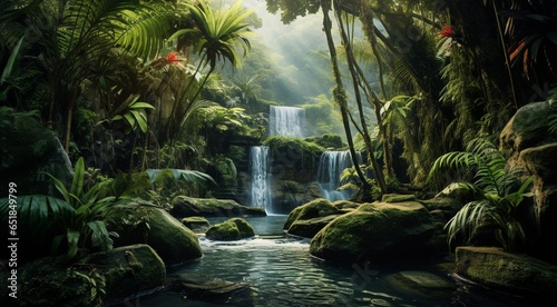 waterfall in forest, waterfall in the jungle, tropical landscape in the jungle, plants and green trees in the jungle, waterfall with lake in the forest