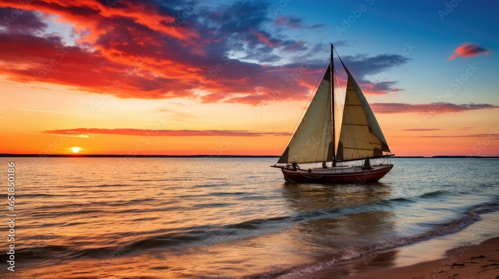 Boat Sailing on the Beach at Sunset