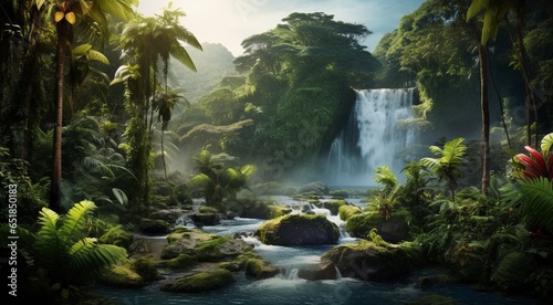 waterfall in forest, waterfall in the jungle, tropical landscape in the jungle, plants and green trees in the jungle, waterfall with lake in the forest © Gegham