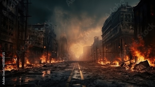 Burned Out City Street with No One on It Flames on the Ground and Distant Explosions of Smoke Apocalyptic Perspective of the City Center as a Design for a Catastrophe Movie Poster