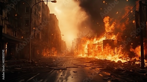Burned Out City Street with No One on It Flames on the Ground and Distant Explosions of Smoke Apocalyptic Perspective of the City Center as a Design for a Catastrophe Movie Poster