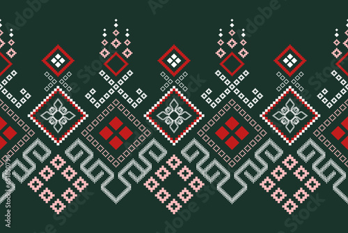 Green Cross stitch colorful geometric traditional ethnic pattern Ikat seamless pattern border abstract design for fabric print cloth dress carpet curtains and sarong Aztec African Indian Indonesian