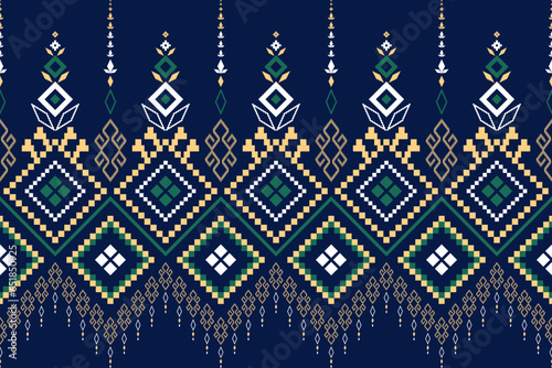 Indigo navy blue geometric traditional ethnic pattern Ikat seamless pattern border abstract design for fabric print cloth dress carpet curtains and sarong Aztec African Indian Indonesian