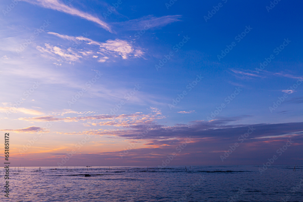 morning sea and sky scenery,Aerial view sunset sky, Nature beautiful Light Sunset or sunrise over sea, Colorful dramatic majestic scenery Sky with Amazing clouds and waves in sunset sky purple light c