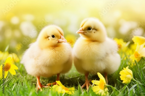 Cute two small chicken. Color cute friends. Generate Ai © nsit0108