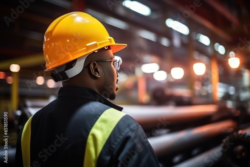 Back view of an African American factory worker checks the quality of pipe connections at a gas distribution station. Gas pipeline as a means of supplying the plant with electricity and heat.