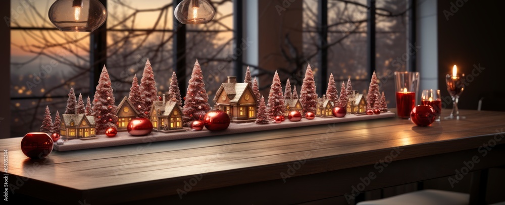 Christmas and New Year interior decoration. Green tree decorated with toys, gifts, present boxes, flashing garland, illuminated lamps. Fireplace and xmas tree. Cozy Christmas atmosphere.