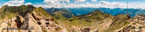 High resolution stitched alpine summer panorama at Mount Kreuzjoch, Schruns, Bludenz, Montafon, Vorarlberg, Austria photo