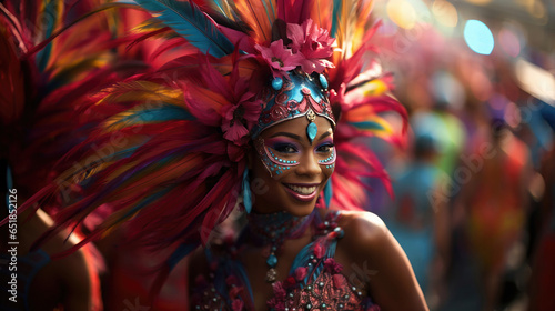 colorful african woman with feathers and make-up at parade © Karat