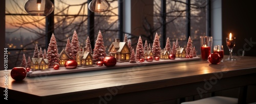 Christmas and New Year interior decoration. Green tree decorated with toys, gifts, present boxes, flashing garland, illuminated lamps. Fireplace and xmas tree. Cozy Christmas atmosphere.