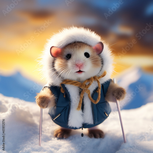 hamster in winter costume in snowy park