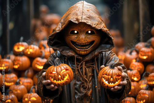 Halloween scene, a mr pumpkin laughing evil, with lots of pumpkins around, horror, scary