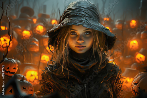 Halloween scene, woman witch with black hat surrounded by pumpkin heads , horror, scary
