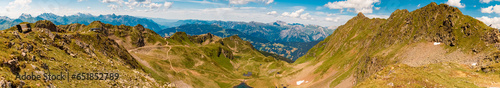 High resolution stitched alpine summer panorama at Mount Kreuzjoch, Schruns, Bludenz, Montafon, Vorarlberg, Austria