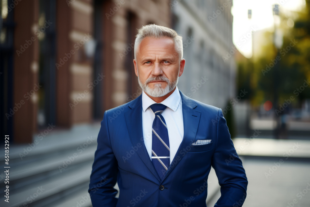 Stylish old mature professional business man, smiling gray haired senior older businessman wearing suit walking going outdoors in big city business district downtown Stylish old mature professional business man, smiling gray haired senior older businessman wearing suit walking going outdoors in big city business district downtown