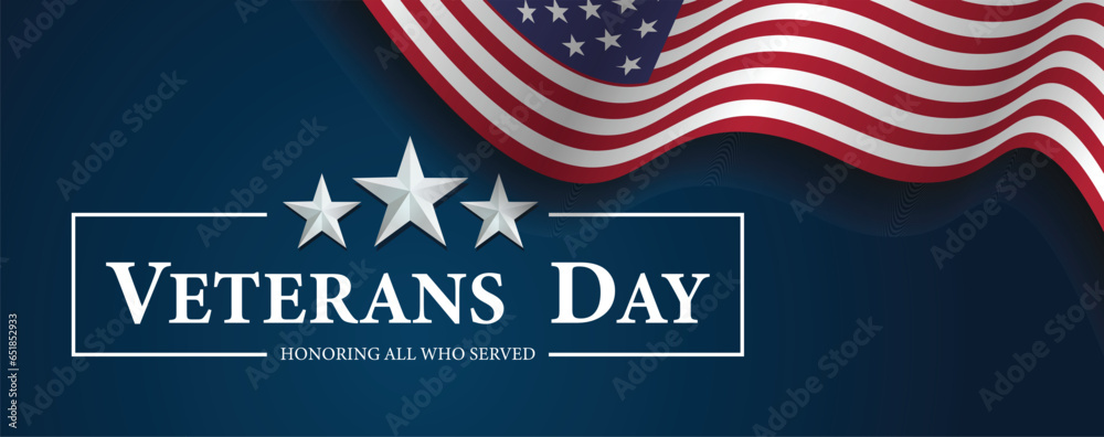 Happy Veterans Day realistic waving American flag November 11 vector poster