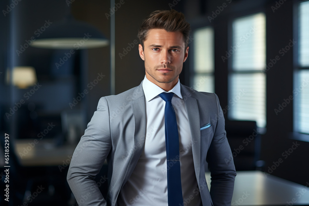 Fototapeta premium Handsome young business man looking at camera in office, headshot close up corporate portrait. Happy businessman, male entrepreneur, professional manager or company employee at work.