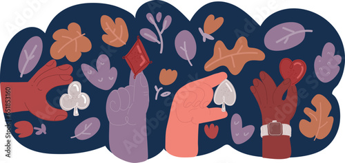 Cartoon vector illustration of Playing cards suits in hand. Hand with ace playing cards fan. Vintage engraving stylized drawing.