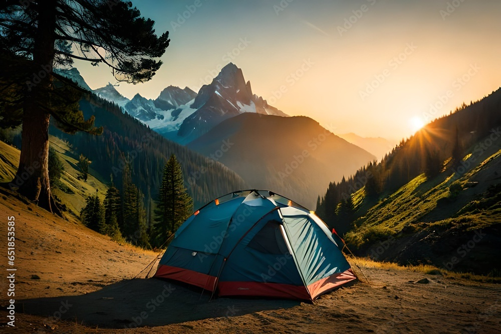 tent in the mountains at sunset, adventure trip