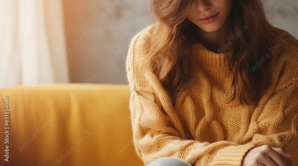 Serene young woman in a knitted wool sweater is resting at home on an autumn or winter day. Concern for mental health, loneliness, a sense of balance and calmness with sun light - obrazy, fototapety, plakaty 