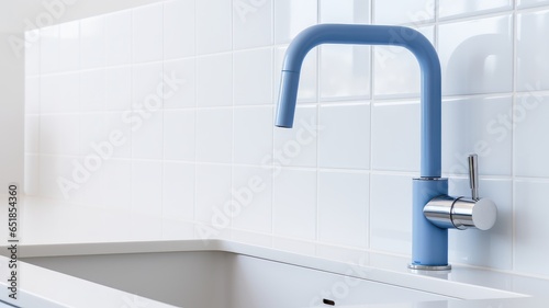 Fragment of a modern luxury kitchen with white tile backsplash on the background. White stone countertop with built-in sink, light blue faucet. Close-up. Contemporary interior design. 3D rendering.