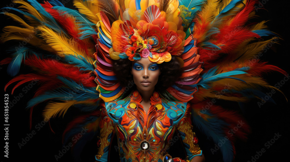 Colorful african woman with feathers in a costume for carnival or a street parade