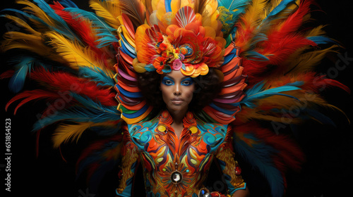 Colorful african woman with feathers in a costume for carnival or a street parade