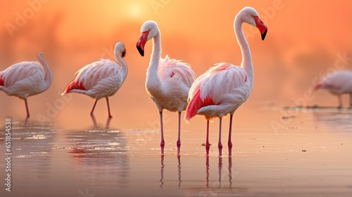 Flamingos on Lake at Sunrise