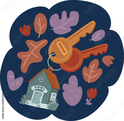 Cartoon vector illustration of Female hand holding house key, Real estate agent. House keylock