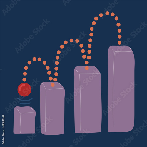 Cartoon vector illustration of f Chart bar with falling arrow. Graph trending downwards. Recession of the economy, step down, Falling bar, Fall and changes in value