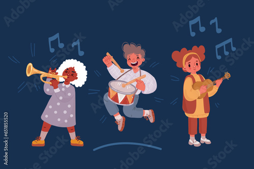 Cartoon vector illustration of Funny little kids with guitar, trumpet and guitar, ukulele. School orchestra concept