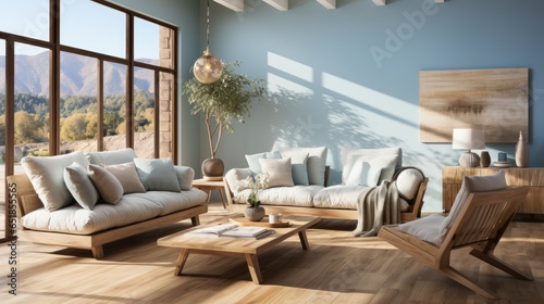 Wallpaper Mural Interior of elegant modern living room in luxury villa. Stylish cushioned furniture with cushions, trendy wooden coffee table, large poster on the wall, panoramic windows. Contemporary home design. Torontodigital.ca