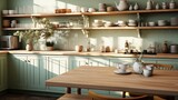 Interior of cozy vintage kitchen country style. Wooden dining table and chairs, light green furniture, open shelves with crockery, wildflowers in vases. Contemporary home design.