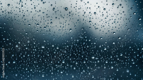 water drops on glass window with blue blurry background , rainy day 