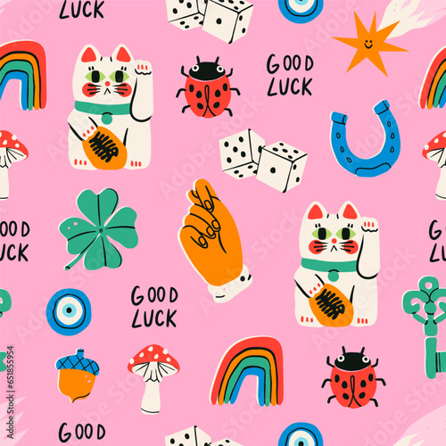 Maneki Neko, horseshoe, clover, acorn, evil eye, star, dice, fig, key, mushroom, ladybug. Talisman, amulet, good luck symbol, fortune, success, prosperity concept. Hand drawn Vector seamless Pattern