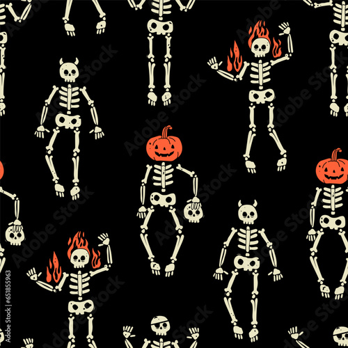Human skeletons with pumpkin head, eyepatch, horns and flame. Hand drawn modern Vector illustration. Cute creepy characters. Halloween concept. Square seamless pattern, background, wallpaper