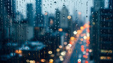 water drops on glass window with urban traffic blurry background , rainy day 