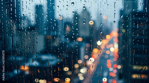 water drops on glass window with urban traffic blurry background , rainy day © @foxfotoco