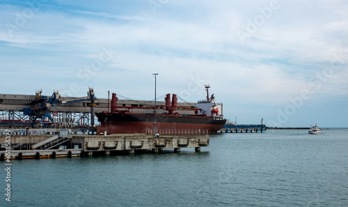 Tanker for oil and petroleum products during loading at the sea cargo port