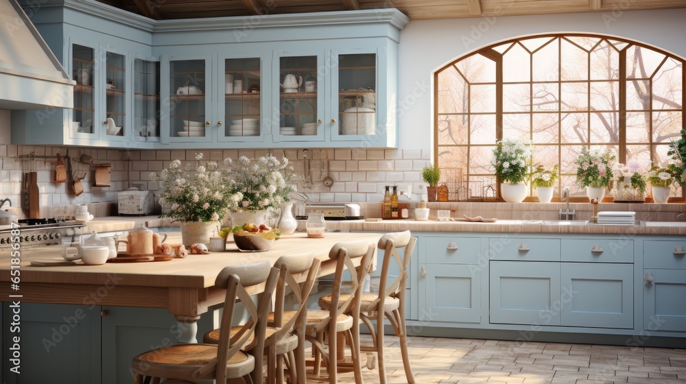 Interior of cozy vintage kitchen provence style. Wooden dining table and chairs, light blue furniture, glass cabinets with crockery, flowers, large window. Contemporary home design. 3D rendering.