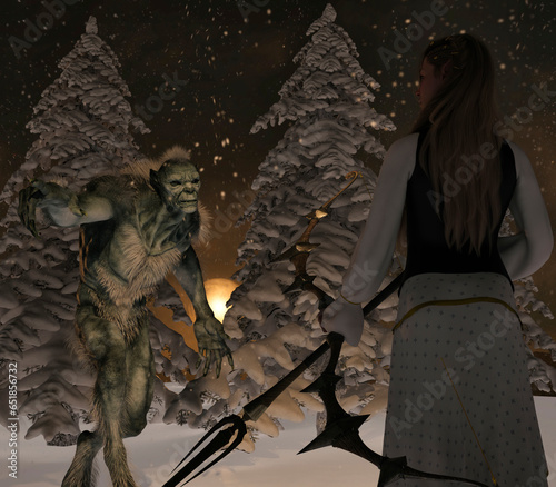 Werewolf and female elf warrior ready to fight in the winter forest